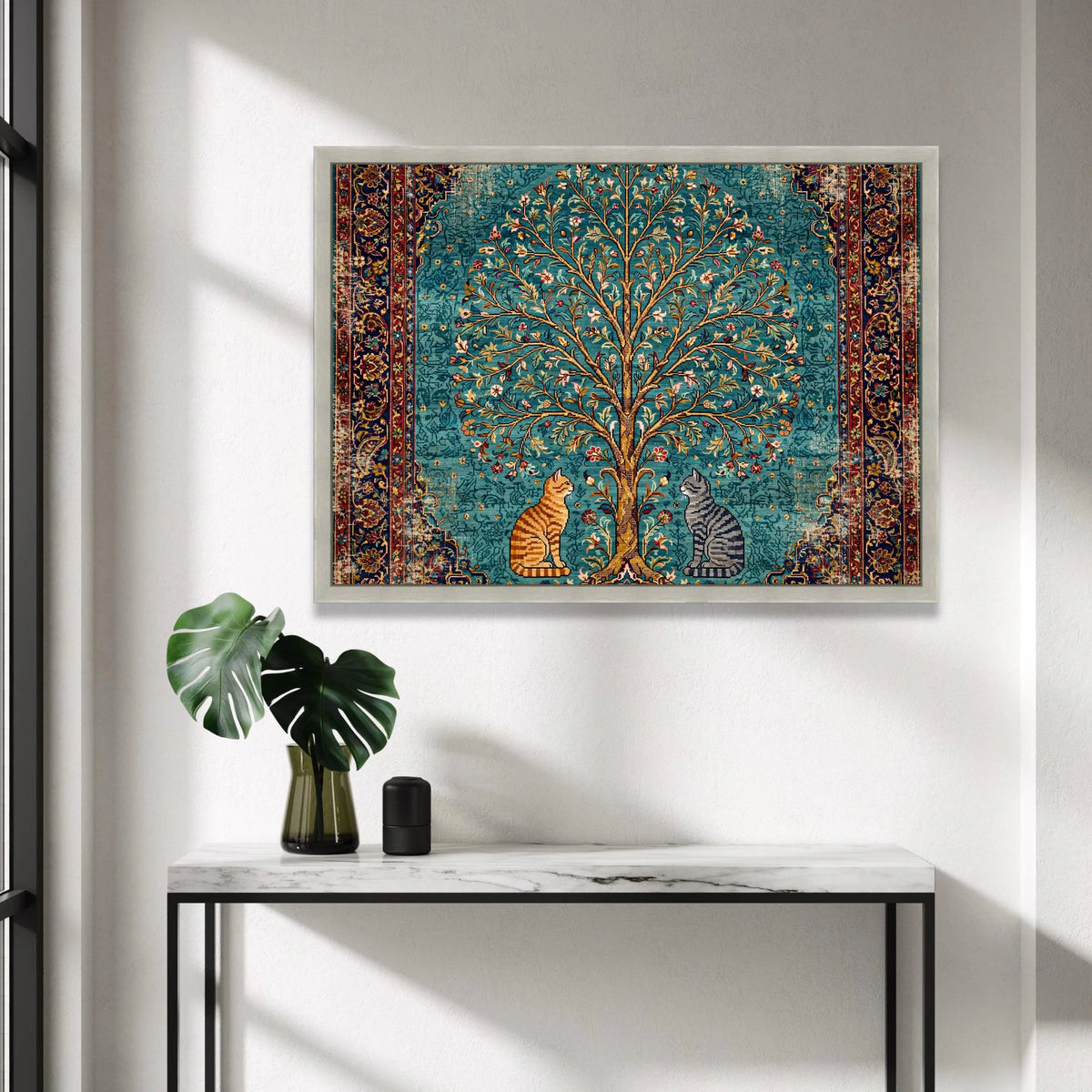 Vintage Tree of Life Canvas, Cat Illustration Wall Art, Persian Rug Style Canvas, Floral and Animal Home Decor, Ornate Canvas Print Art