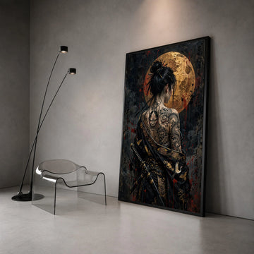 Mystical Geisha with Dragon Tattoo, Japanese Warrior Canvas, Full Moon Wall Art, Asian Ink Art, Samurai Style Decoration Canvas Print Art