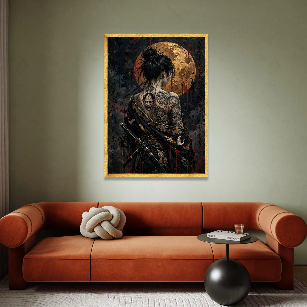 Mystical Geisha with Dragon Tattoo, Japanese Warrior Canvas, Full Moon Wall Art, Asian Ink Art, Samurai Style Decoration Canvas Print Art