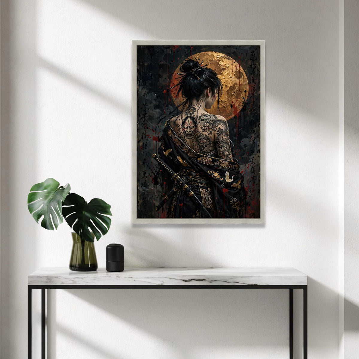 Mystical Geisha with Dragon Tattoo, Japanese Warrior Canvas, Full Moon Wall Art, Asian Ink Art, Samurai Style Decoration Canvas Print Art