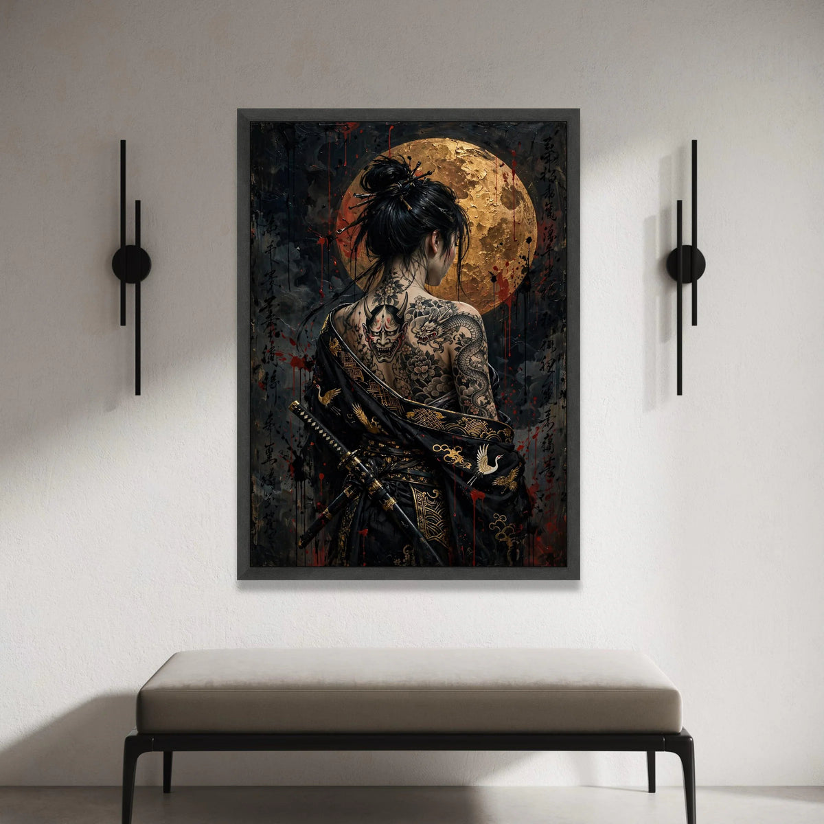 Mystical Geisha with Dragon Tattoo, Japanese Warrior Canvas, Full Moon Wall Art, Asian Ink Art, Samurai Style Decoration Canvas Print Art