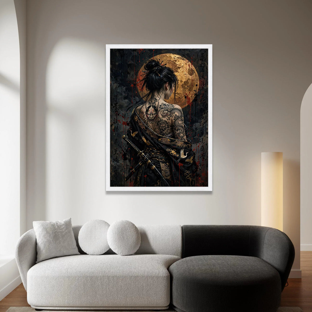Mystical Geisha with Dragon Tattoo, Japanese Warrior Canvas, Full Moon Wall Art, Asian Ink Art, Samurai Style Decoration Canvas Print Art
