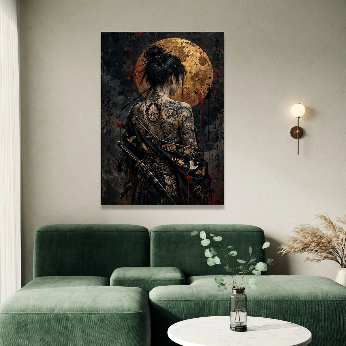 Mystical Geisha with Dragon Tattoo, Japanese Warrior Canvas, Full Moon Wall Art, Asian Ink Art, Samurai Style Decoration Canvas Print Art