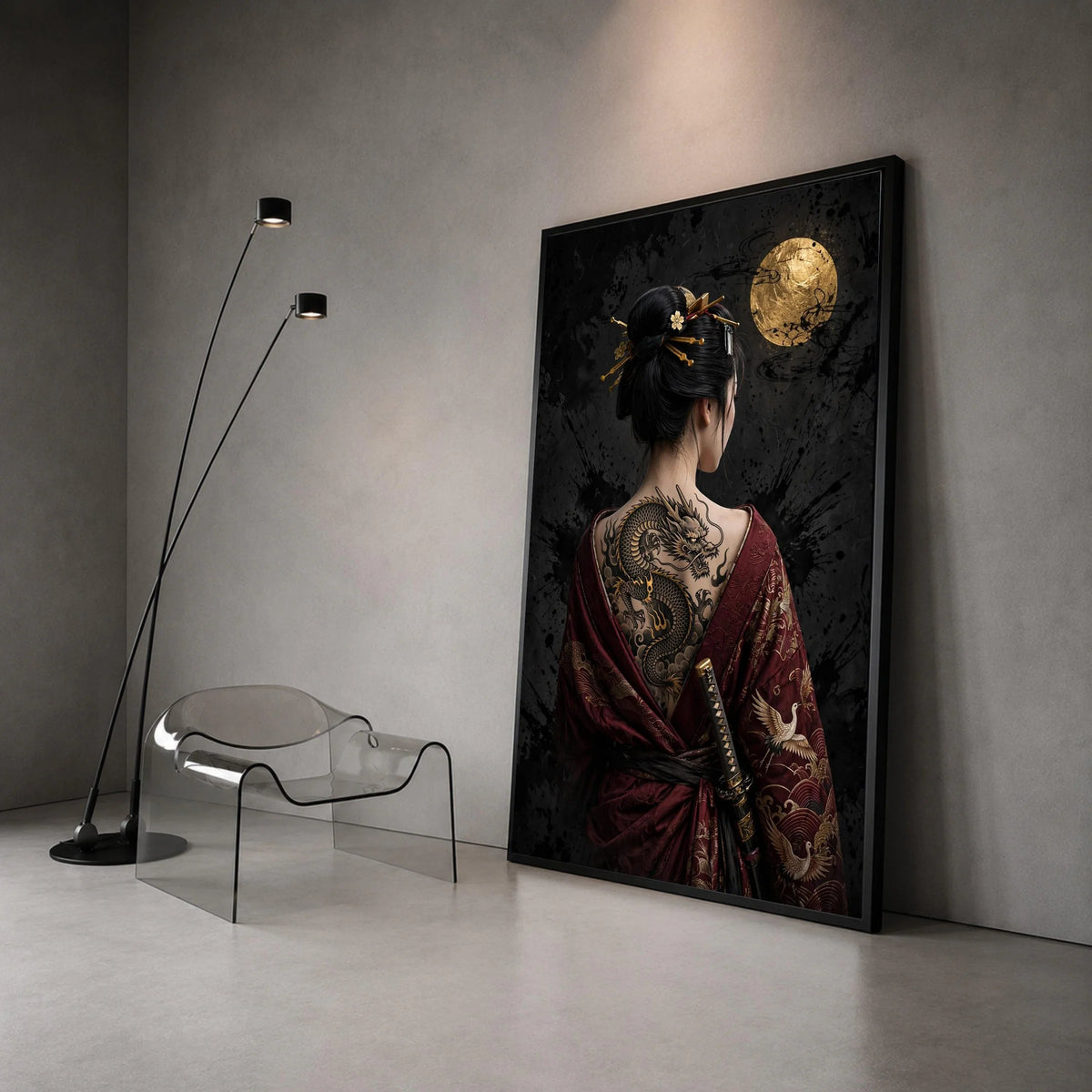 Geisha with Dragon Tattoo Canvas Wall Art, Japanese Kimono Decoration, Gold Moon Background, Asian Warrior Theme, Ready to Canvas Print Art