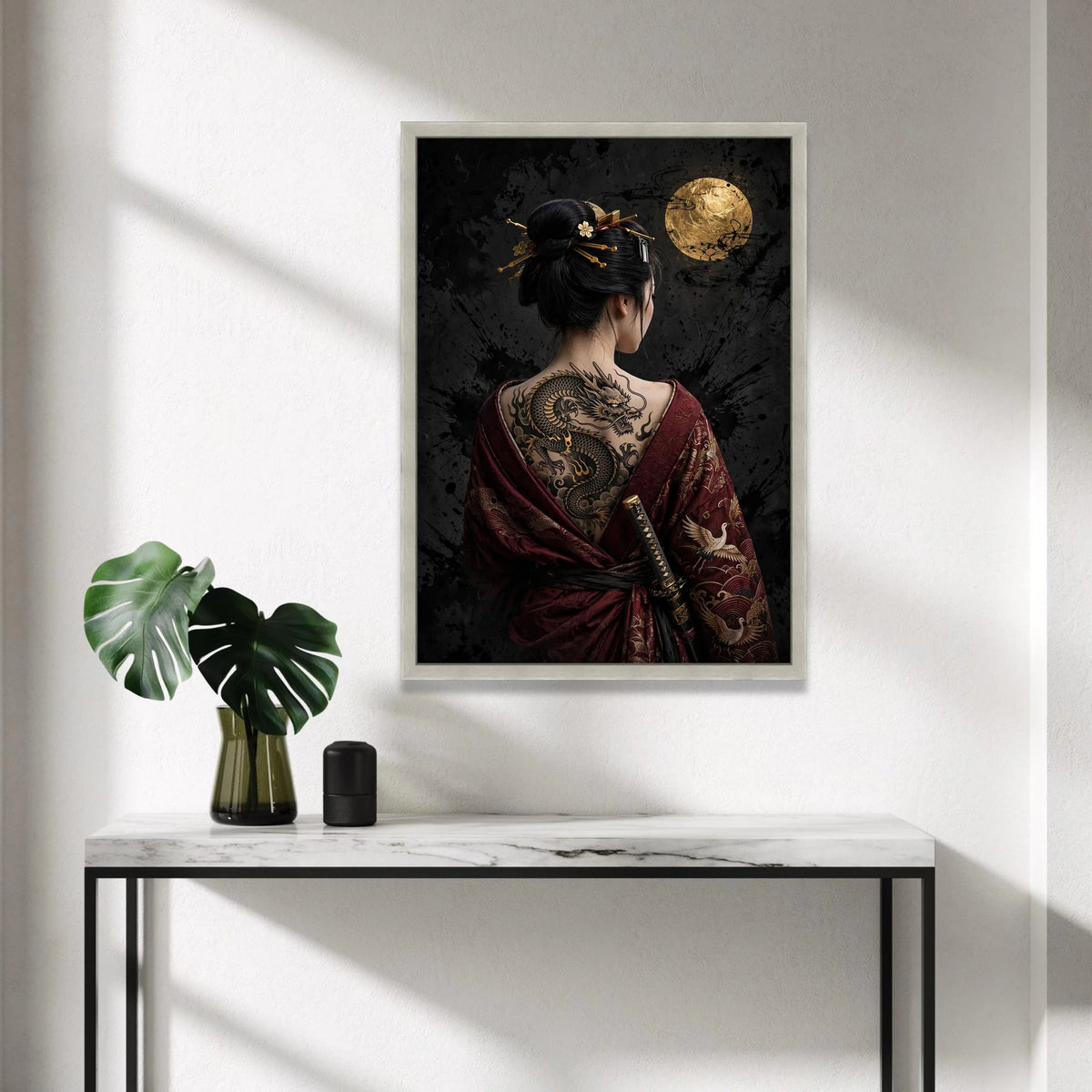Geisha with Dragon Tattoo Canvas Wall Art, Japanese Kimono Decoration, Gold Moon Background, Asian Warrior Theme, Ready to Canvas Print Art