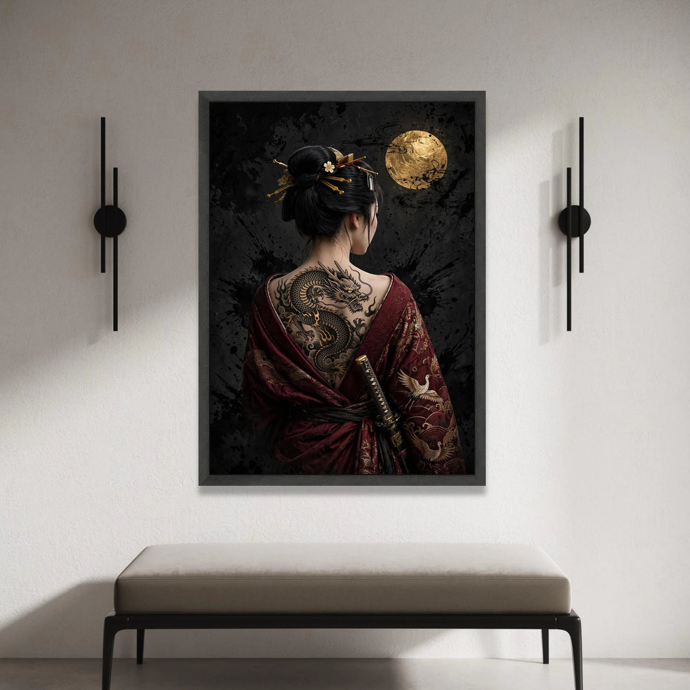 Geisha with Dragon Tattoo Canvas Wall Art, Japanese Kimono Decoration, Gold Moon Background, Asian Warrior Theme, Ready to Canvas Print Art