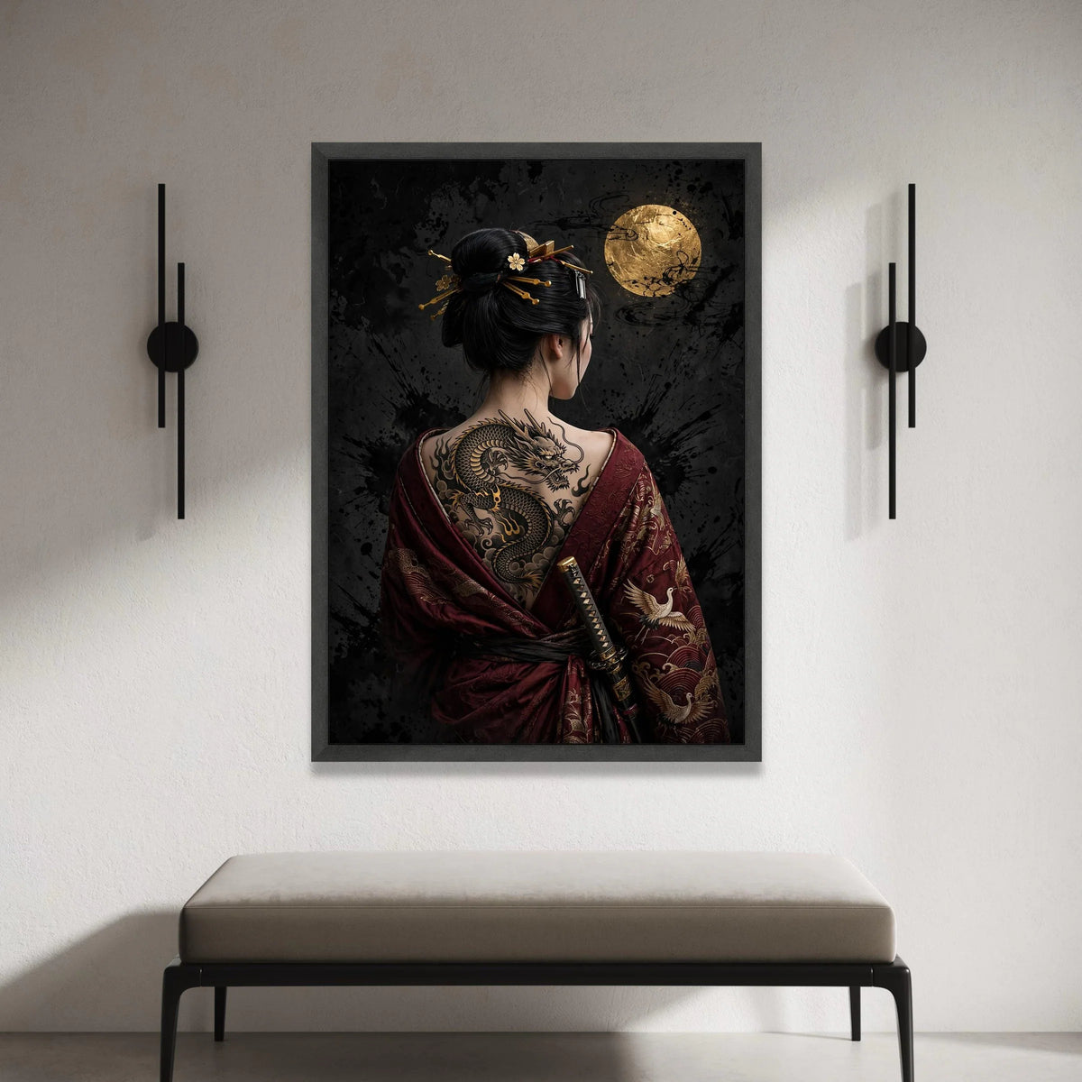 Geisha with Dragon Tattoo Canvas Wall Art, Japanese Kimono Decoration, Gold Moon Background, Asian Warrior Theme, Ready to Canvas Print Art