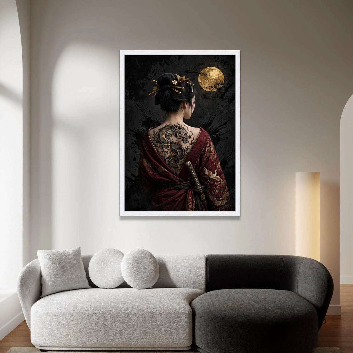 Geisha with Dragon Tattoo Canvas Wall Art, Japanese Kimono Decoration, Gold Moon Background, Asian Warrior Theme, Ready to Canvas Print Art