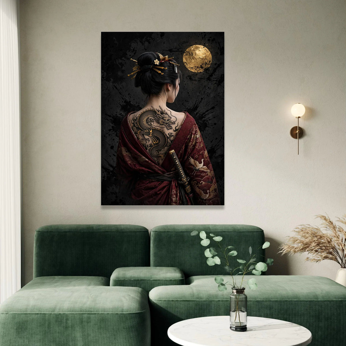 Geisha with Dragon Tattoo Canvas Wall Art, Japanese Kimono Decoration, Gold Moon Background, Asian Warrior Theme, Ready to Canvas Print Art