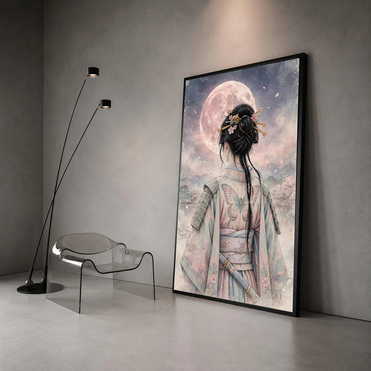 Mystical Samurai Woman Canvas, Moonlight Night Wall Art, Japanese Kimono Butterfly, Asian Warrior Canvas, Elegant Home Canvas Print Art