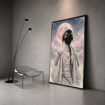 Mystical Samurai Woman Canvas, Moonlight Night Wall Art, Japanese Kimono Butterfly, Asian Warrior Canvas, Elegant Home Canvas Print Art