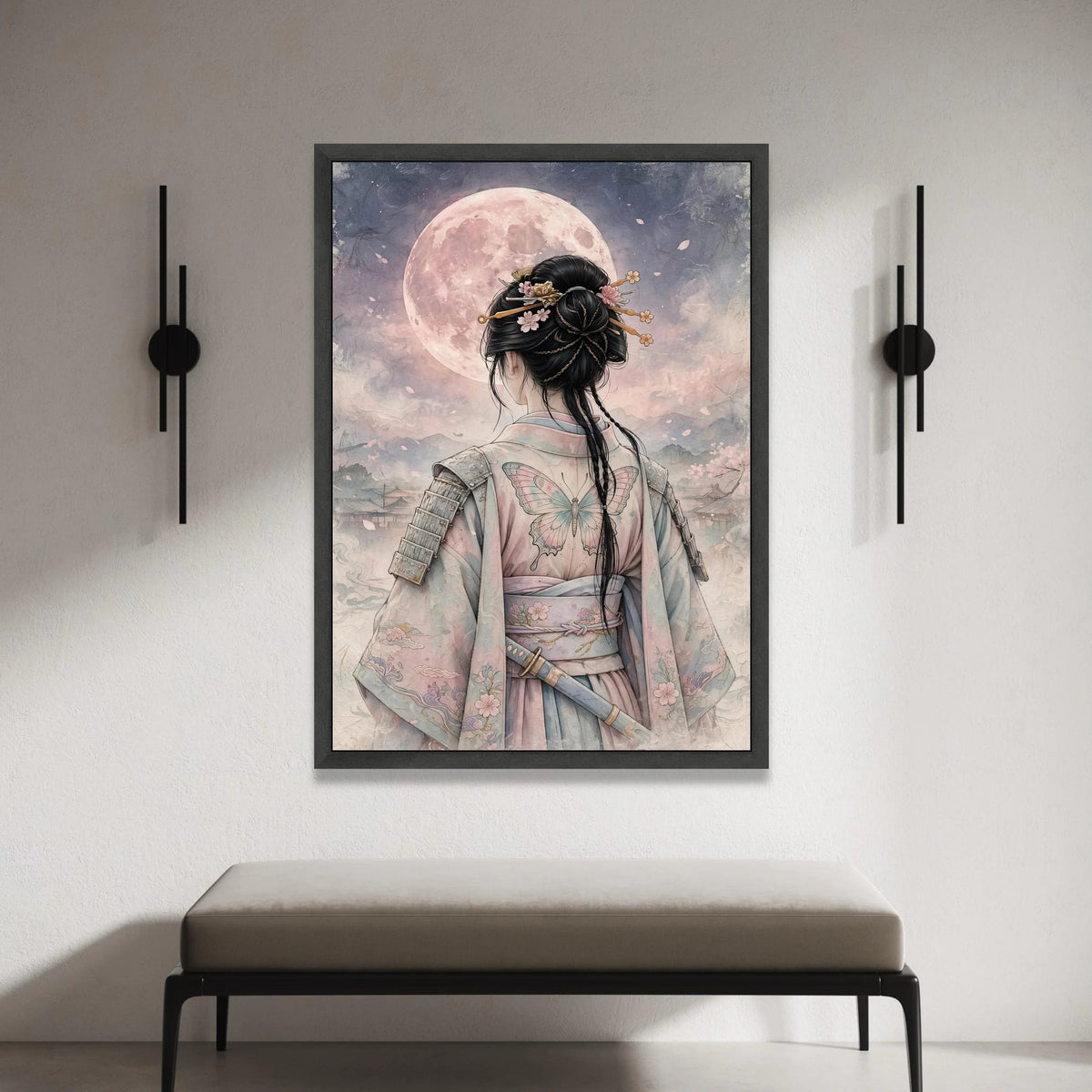 Mystical Samurai Woman Canvas, Moonlight Night Wall Art, Japanese Kimono Butterfly, Asian Warrior Canvas, Elegant Home Canvas Print Art