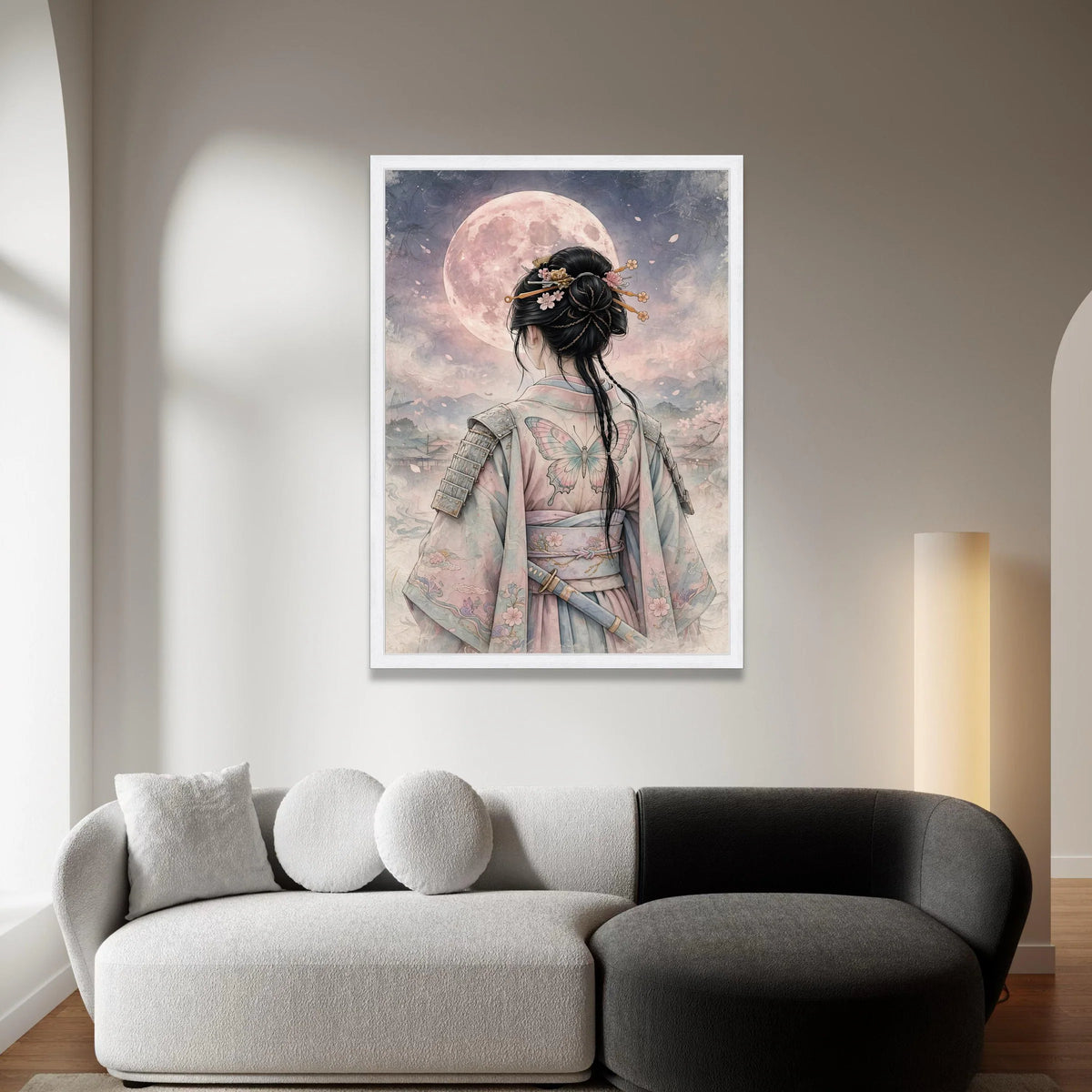 Mystical Samurai Woman Canvas, Moonlight Night Wall Art, Japanese Kimono Butterfly, Asian Warrior Canvas, Elegant Home Canvas Print Art