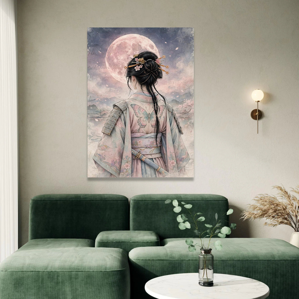 Mystical Samurai Woman Canvas, Moonlight Night Wall Art, Japanese Kimono Butterfly, Asian Warrior Canvas, Elegant Home Canvas Print Art