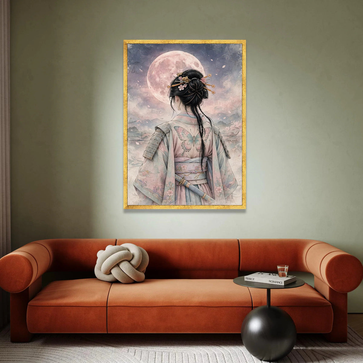 Mystical Samurai Woman Canvas, Moonlight Night Wall Art, Japanese Kimono Butterfly, Asian Warrior Canvas, Elegant Home Canvas Print Art