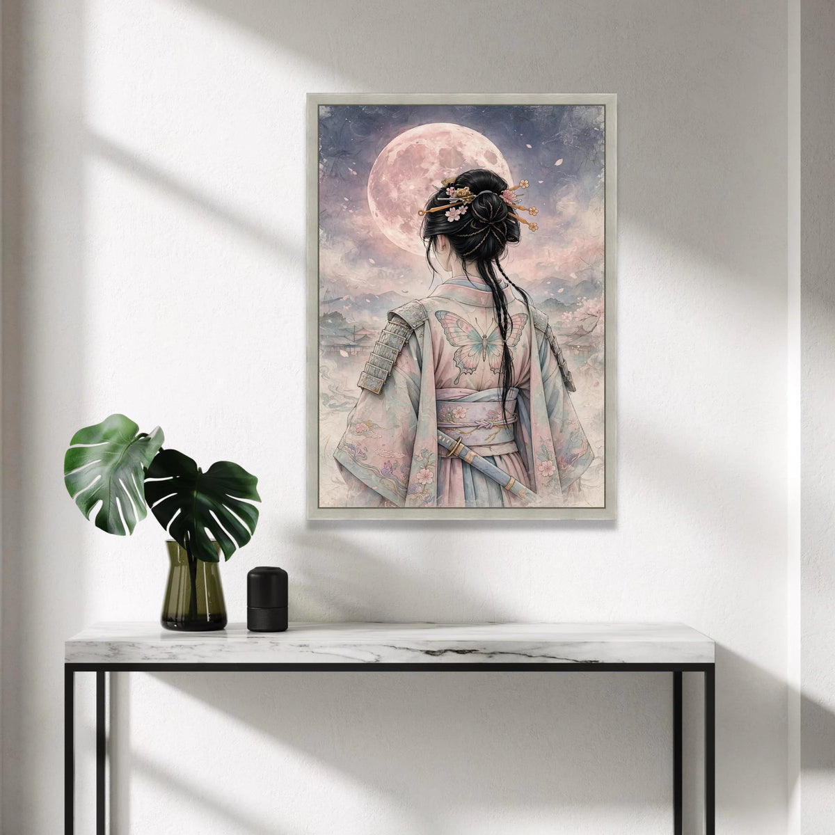 Mystical Samurai Woman Canvas, Moonlight Night Wall Art, Japanese Kimono Butterfly, Asian Warrior Canvas, Elegant Home Canvas Print Art
