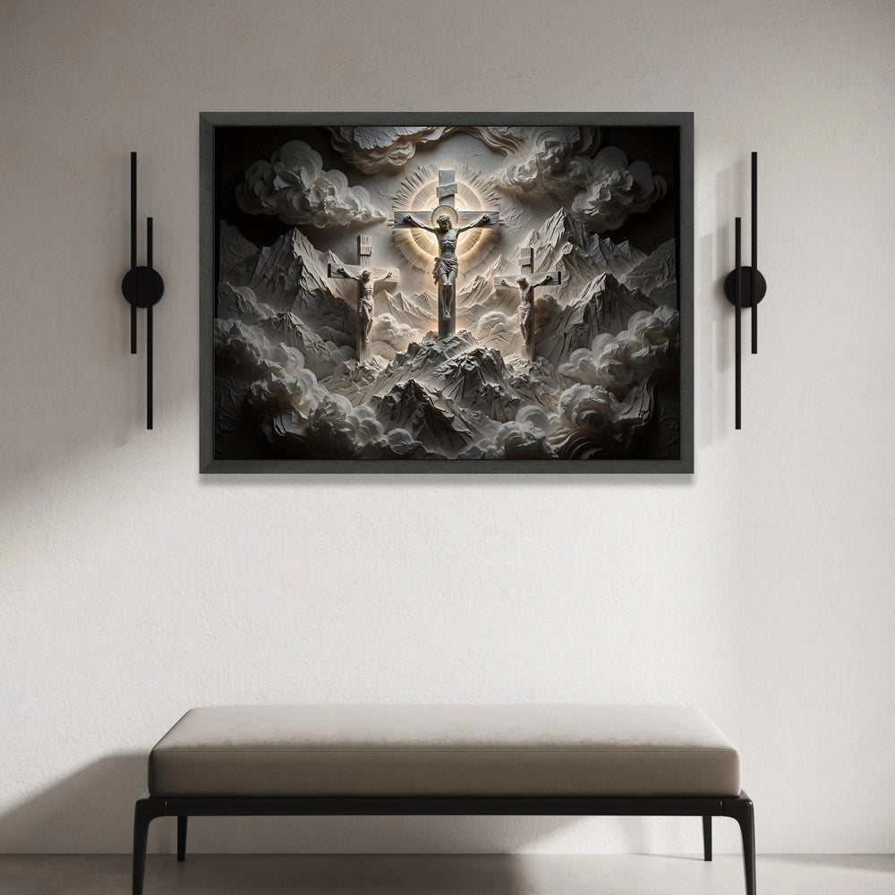 Sacred Crucifixion Scene Canvas Wall Art, Religious Christian Cross, Spiritual Mountain Landscape, Illuminated Halo Design, Canvas Print Art