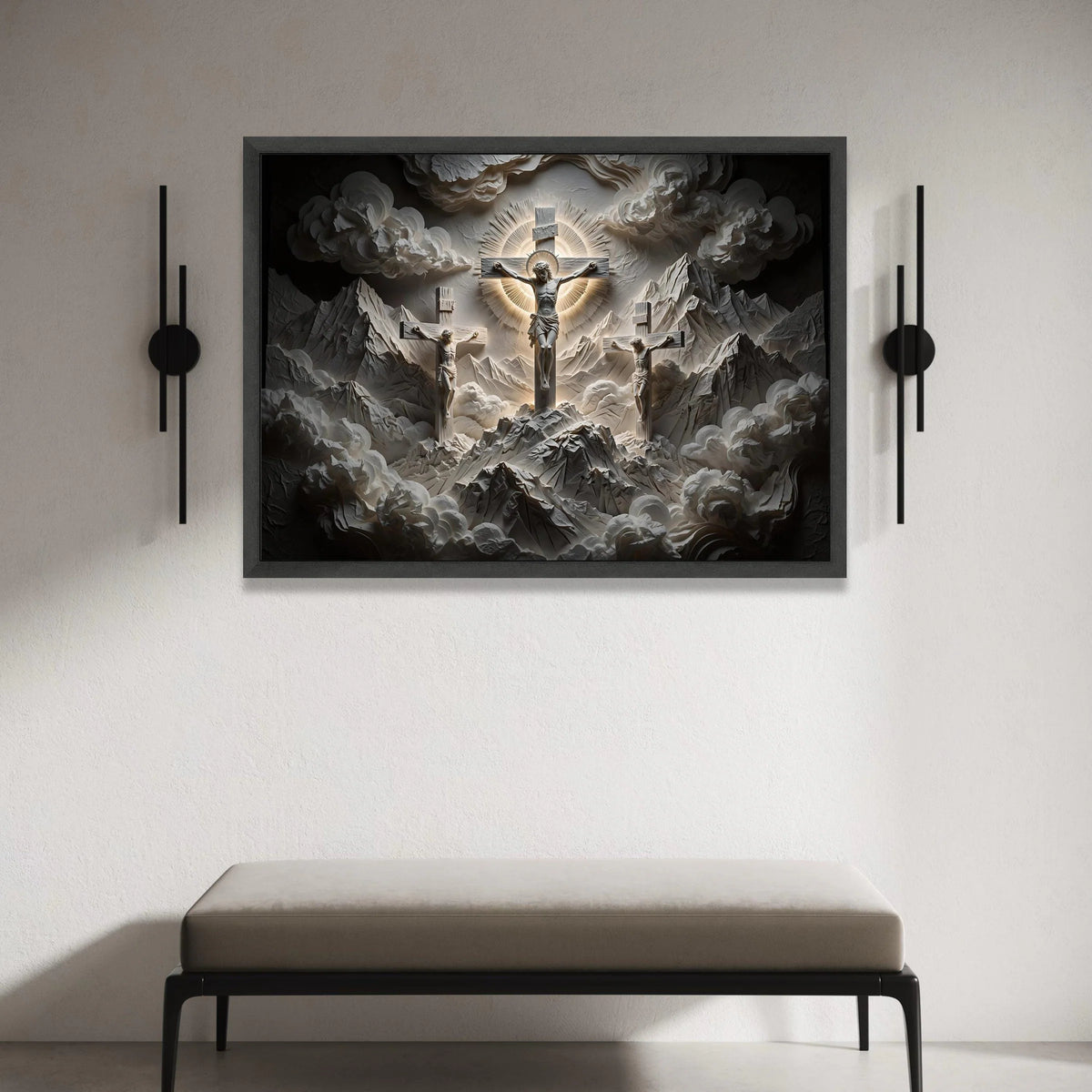 Sacred Crucifixion Scene Canvas Wall Art, Religious Christian Cross, Spiritual Mountain Landscape, Illuminated Halo Design, Canvas Print Art