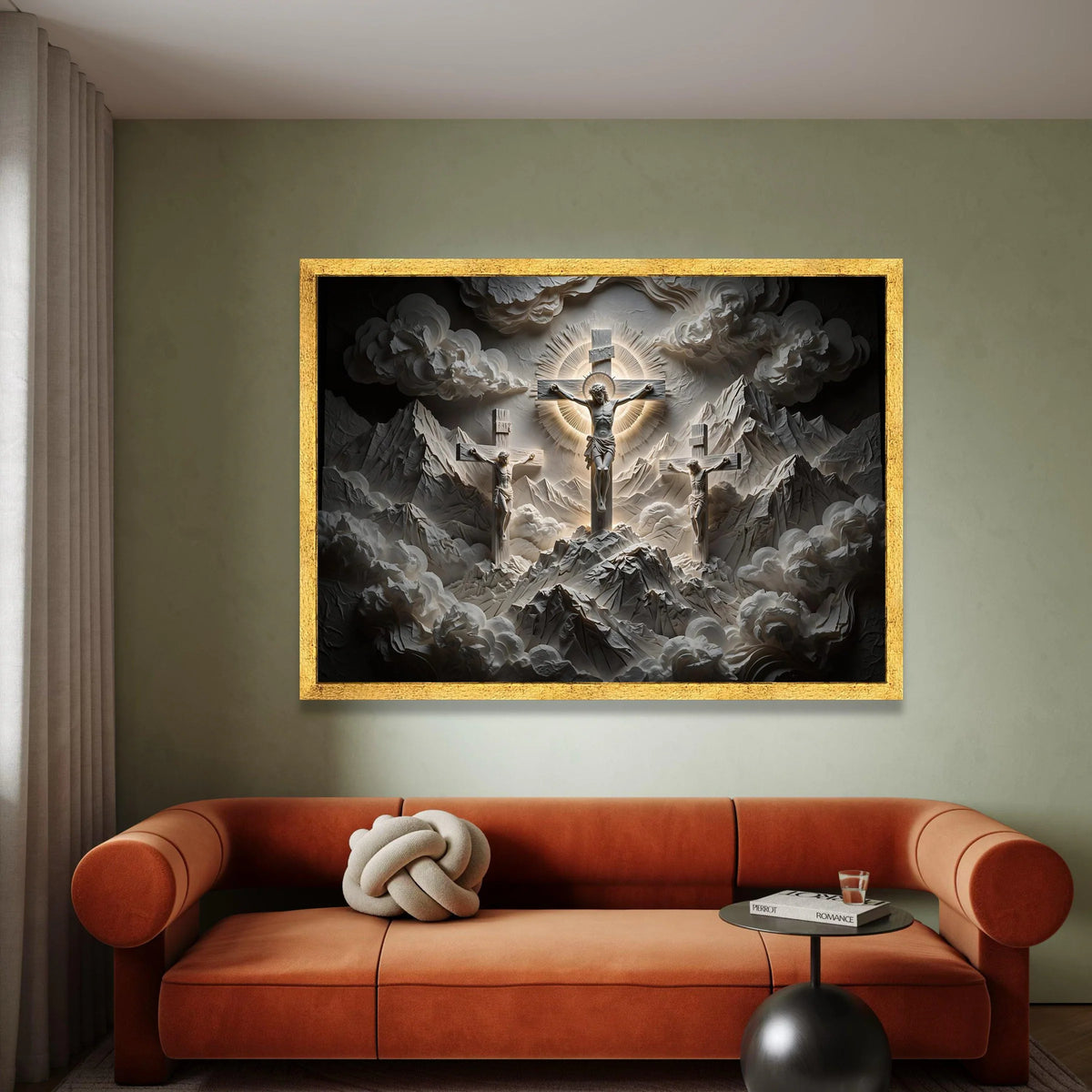 Sacred Crucifixion Scene Canvas Wall Art, Religious Christian Cross, Spiritual Mountain Landscape, Illuminated Halo Design, Canvas Print Art