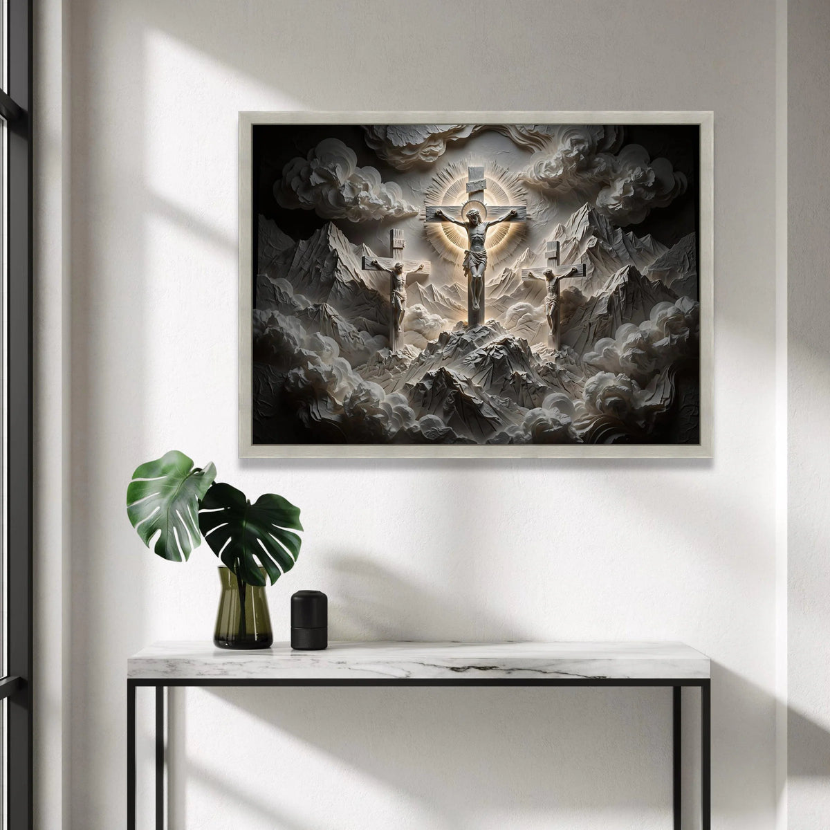 Sacred Crucifixion Scene Canvas Wall Art, Religious Christian Cross, Spiritual Mountain Landscape, Illuminated Halo Design, Canvas Print Art