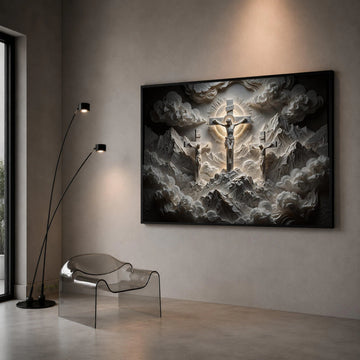 Sacred Crucifixion Scene Canvas Wall Art, Religious Christian Cross, Spiritual Mountain Landscape, Illuminated Halo Design, Canvas Print Art
