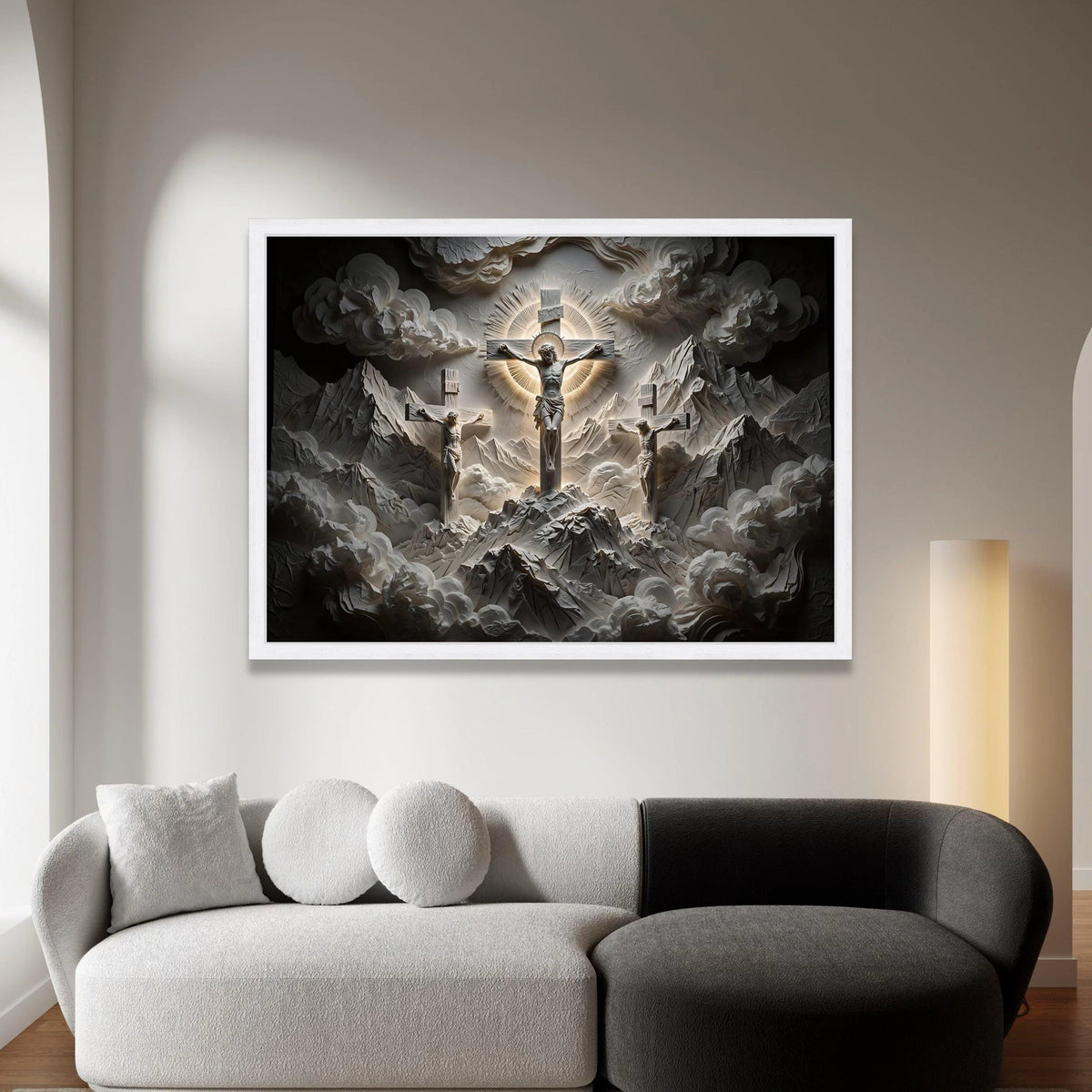 Sacred Crucifixion Scene Canvas Wall Art, Religious Christian Cross, Spiritual Mountain Landscape, Illuminated Halo Design, Canvas Print Art