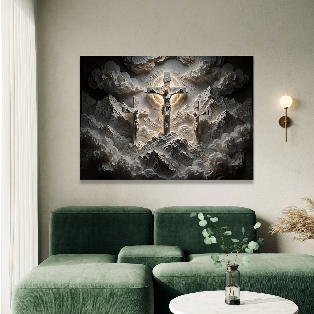 Sacred Crucifixion Scene Canvas Wall Art, Religious Christian Cross, Spiritual Mountain Landscape, Illuminated Halo Design, Canvas Print Art