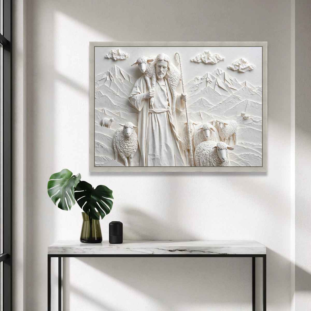 The Good Shepherd and Sheep Canvas Wall Art, Religious Christian Canvas, Spiritual Home Decoration, Peaceful Landscape Canvas Print Art