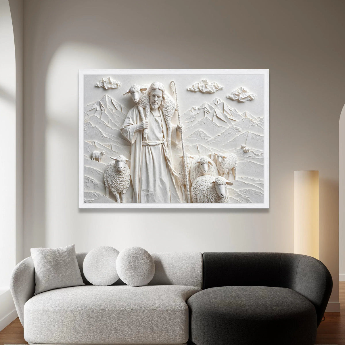 The Good Shepherd and Sheep Canvas Wall Art, Religious Christian Canvas, Spiritual Home Decoration, Peaceful Landscape Canvas Print Art