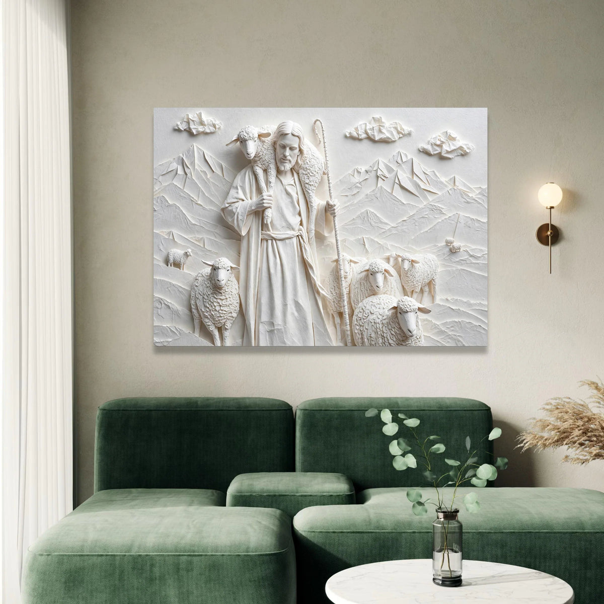 The Good Shepherd and Sheep Canvas Wall Art, Religious Christian Canvas, Spiritual Home Decoration, Peaceful Landscape Canvas Print Art