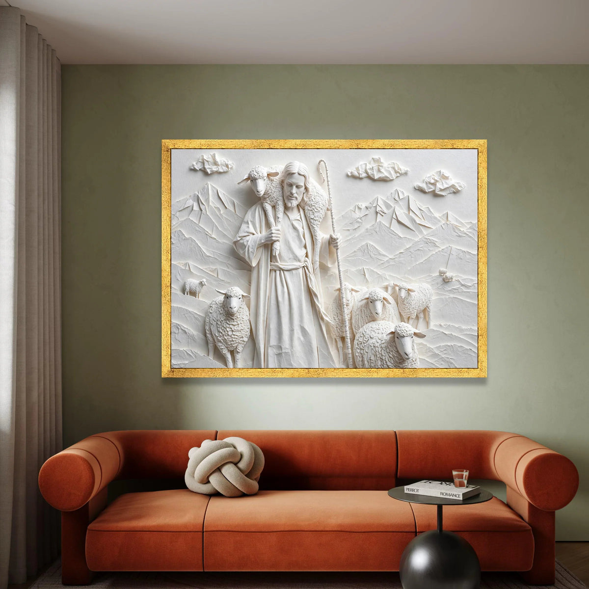 The Good Shepherd and Sheep Canvas Wall Art, Religious Christian Canvas, Spiritual Home Decoration, Peaceful Landscape Canvas Print Art