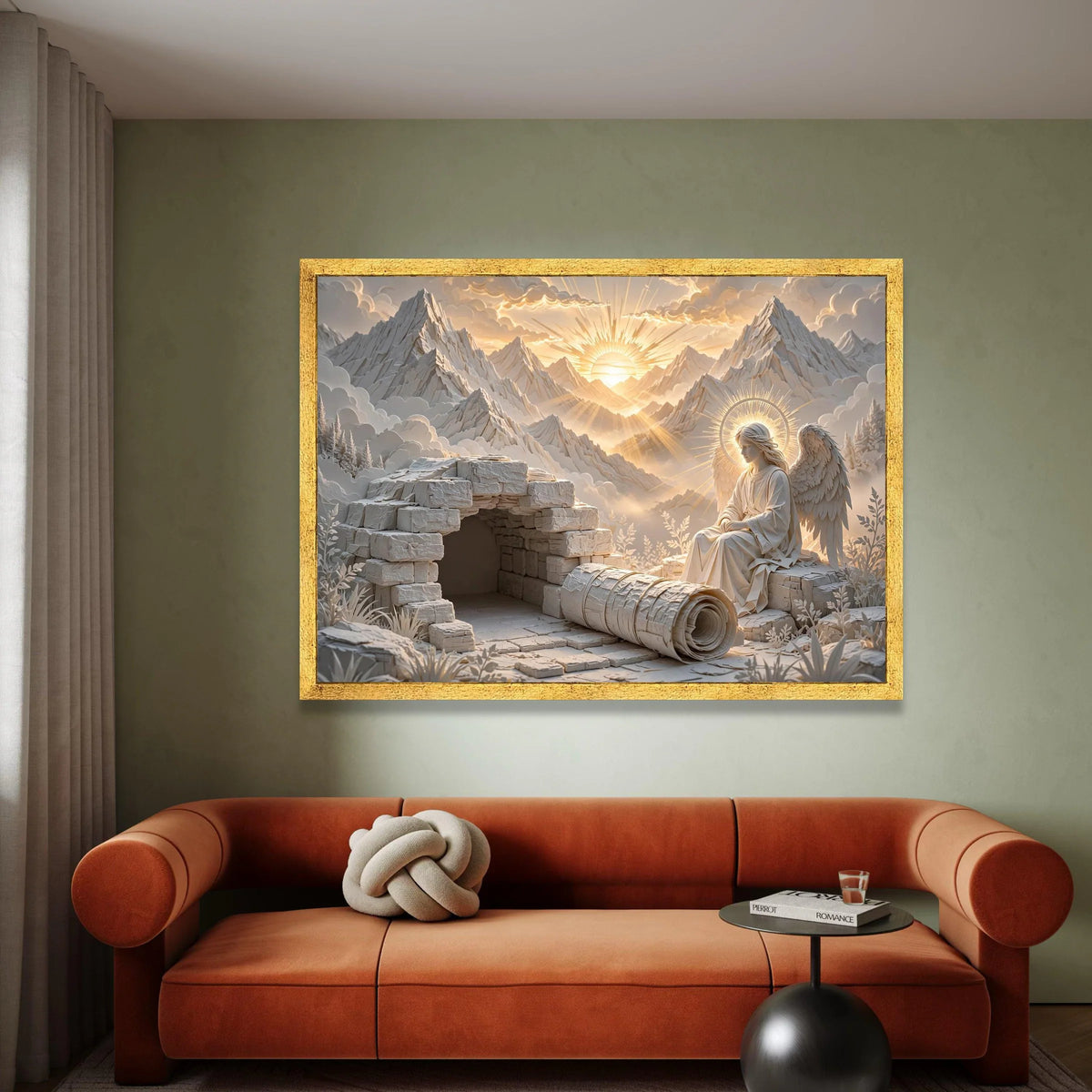 Angelic Figure with Glowing Halo, Sunrise Mountain Landscape Canvas, Spiritual Wall Art, Religious Symbolism Canvas, Serene Canvas Print Art