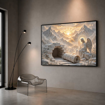Angelic Figure with Glowing Halo, Sunrise Mountain Landscape Canvas, Spiritual Wall Art, Religious Symbolism Canvas, Serene Canvas Print Art
