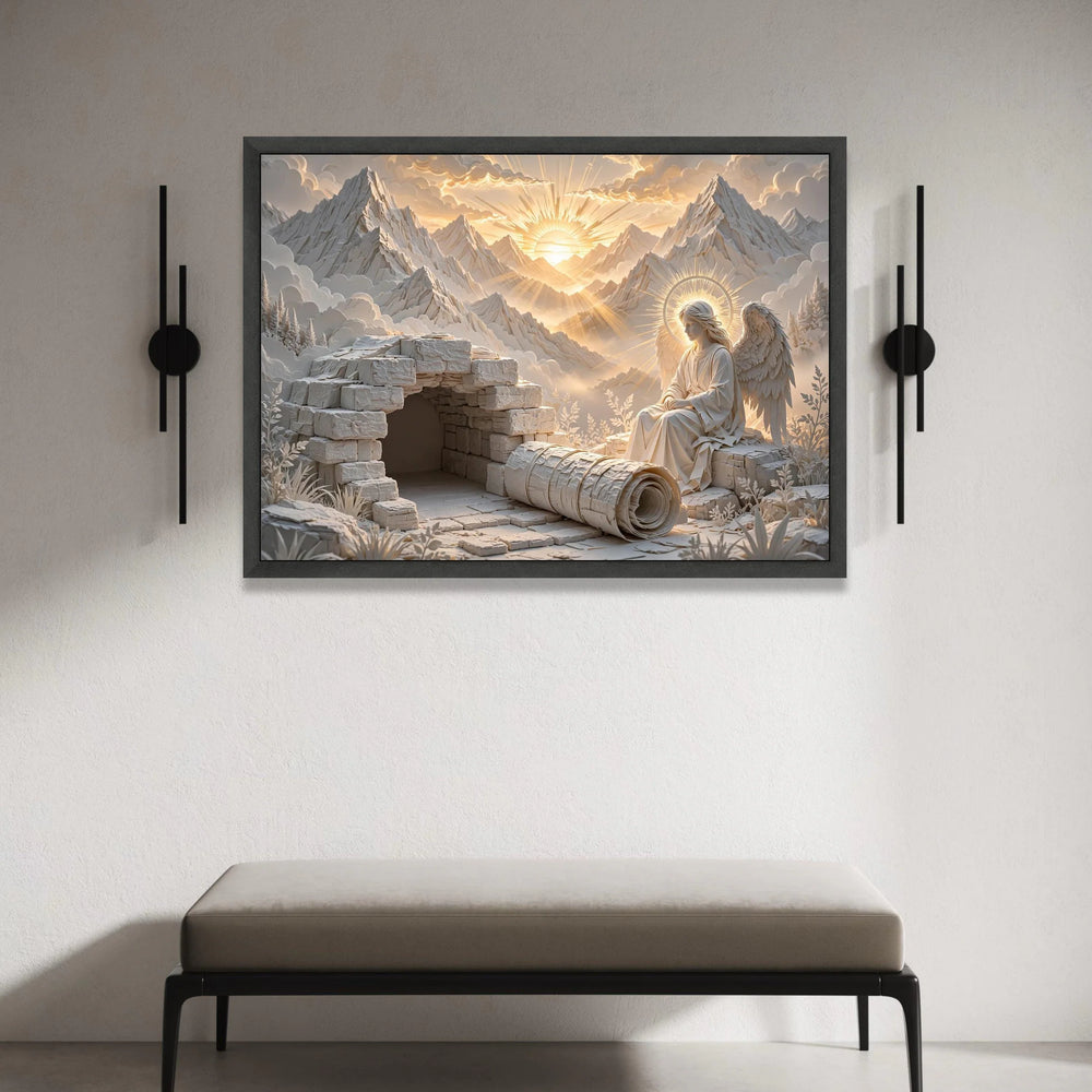 Angelic Figure with Glowing Halo, Sunrise Mountain Landscape Canvas, Spiritual Wall Art, Religious Symbolism Canvas, Serene Canvas Print Art
