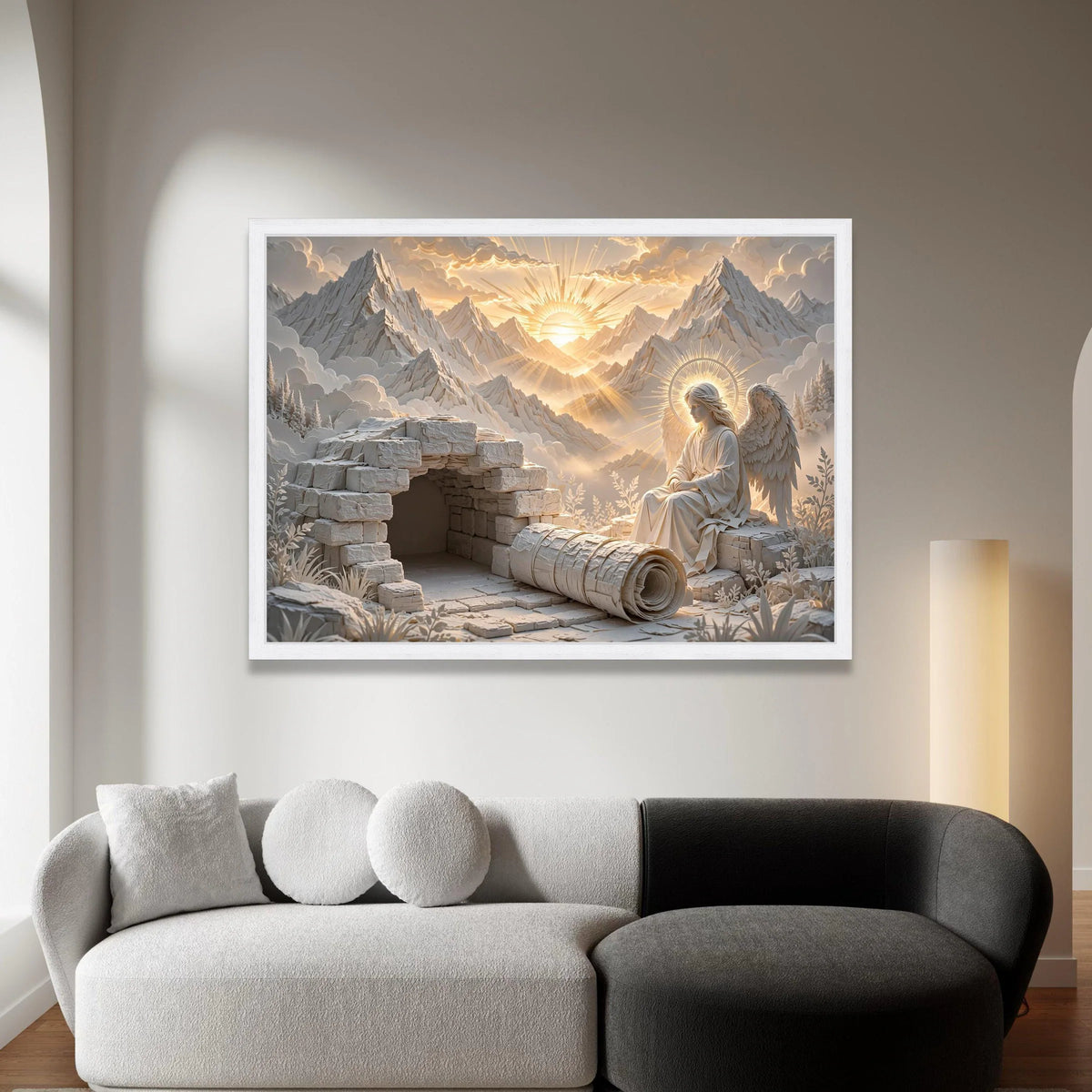 Angelic Figure with Glowing Halo, Sunrise Mountain Landscape Canvas, Spiritual Wall Art, Religious Symbolism Canvas, Serene Canvas Print Art