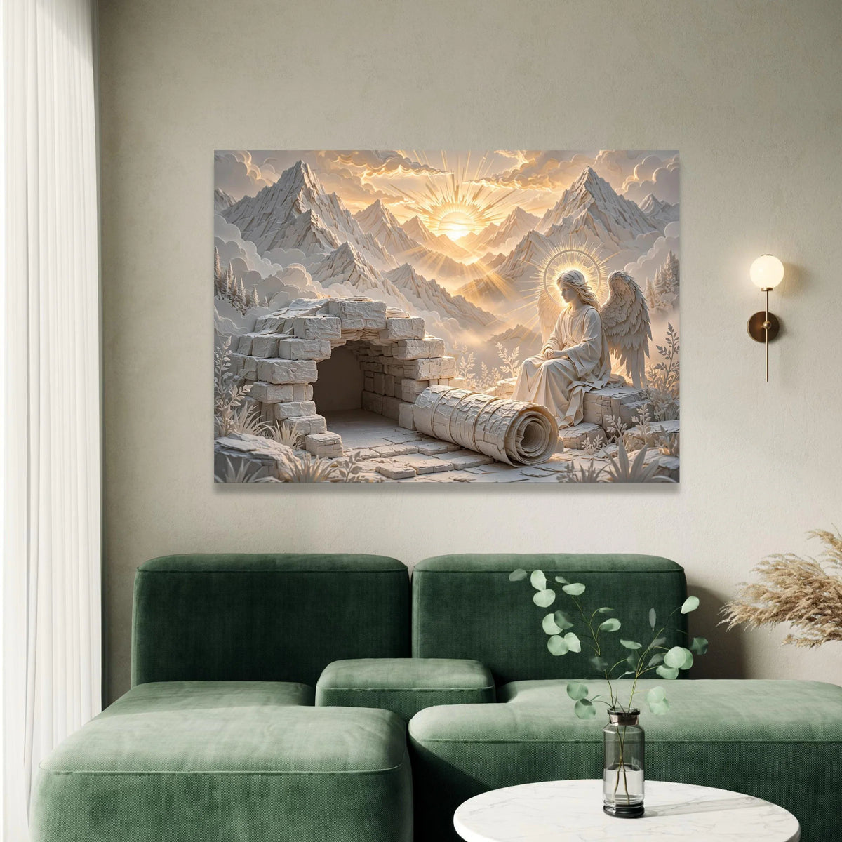 Angelic Figure with Glowing Halo, Sunrise Mountain Landscape Canvas, Spiritual Wall Art, Religious Symbolism Canvas, Serene Canvas Print Art
