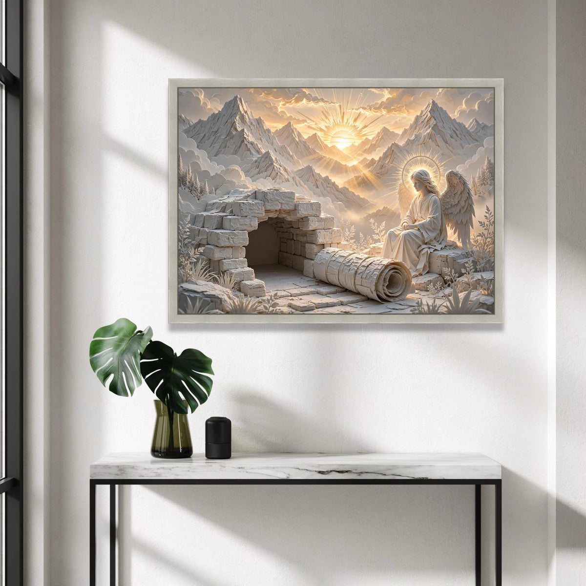 Angelic Figure with Glowing Halo, Sunrise Mountain Landscape Canvas, Spiritual Wall Art, Religious Symbolism Canvas, Serene Canvas Print Art