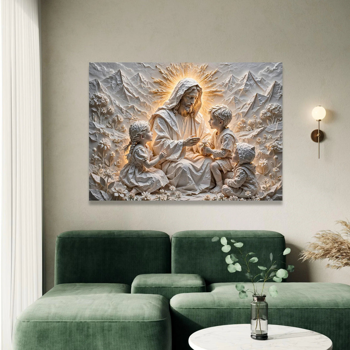 Jesus with Children Canvas Wall Art, Spiritual Family Scene, Religious Decor, Inspirational Christian Canvas, Mountain Canvas Print Art