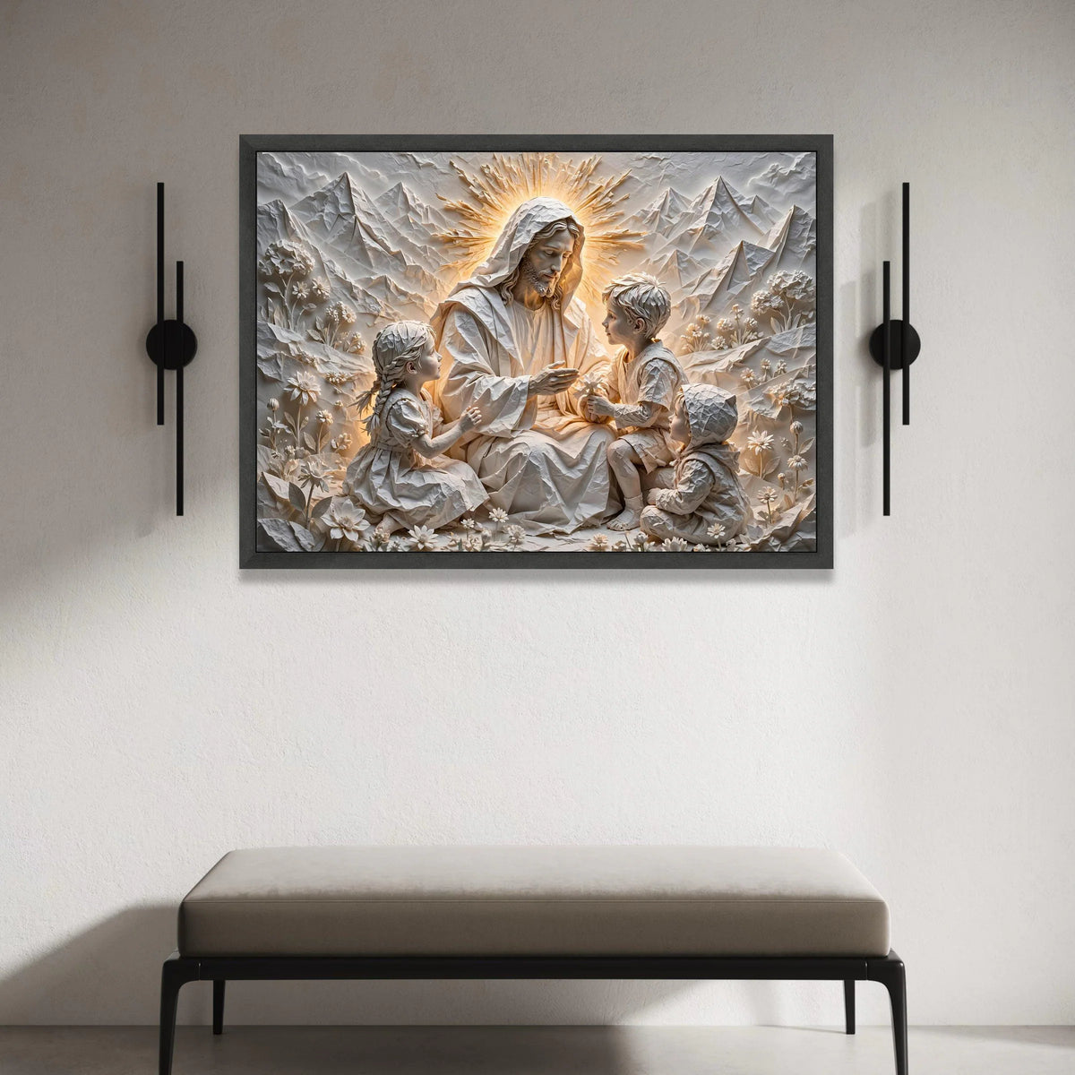 Jesus with Children Canvas Wall Art, Spiritual Family Scene, Religious Decor, Inspirational Christian Canvas, Mountain Canvas Print Art