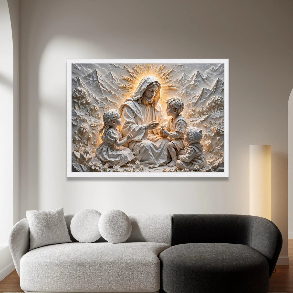 Jesus with Children Canvas Wall Art, Spiritual Family Scene, Religious Decor, Inspirational Christian Canvas, Mountain Canvas Print Art