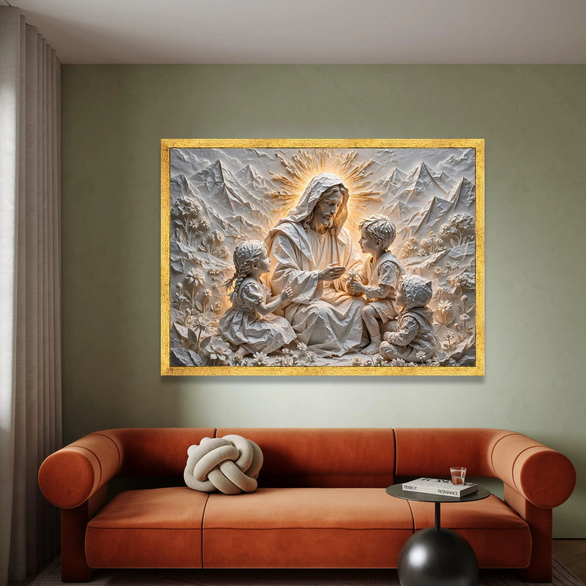Jesus with Children Canvas Wall Art, Spiritual Family Scene, Religious Decor, Inspirational Christian Canvas, Mountain Canvas Print Art