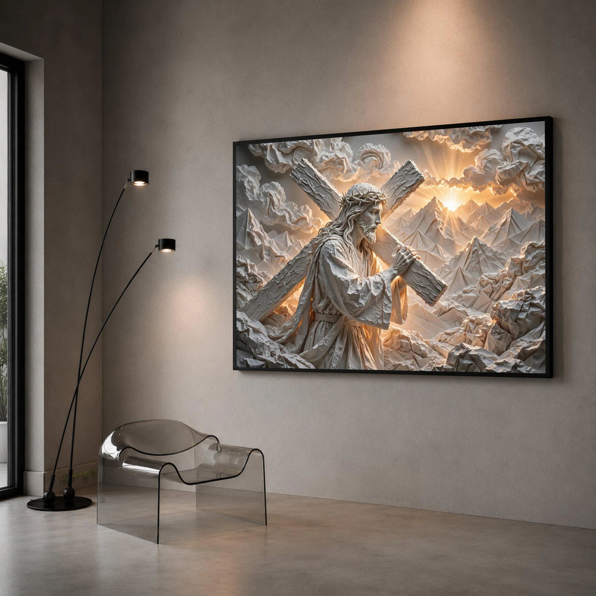 Jesus Carrying Cross Canvas Wall Art, Spiritual Christian Decor, Religious Inspirational Canvas, Sunrise Mountains Canvas Print Art