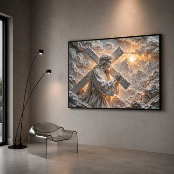 Jesus Carrying Cross Canvas Wall Art, Spiritual Christian Decor, Religious Inspirational Canvas, Sunrise Mountains Canvas Print Art