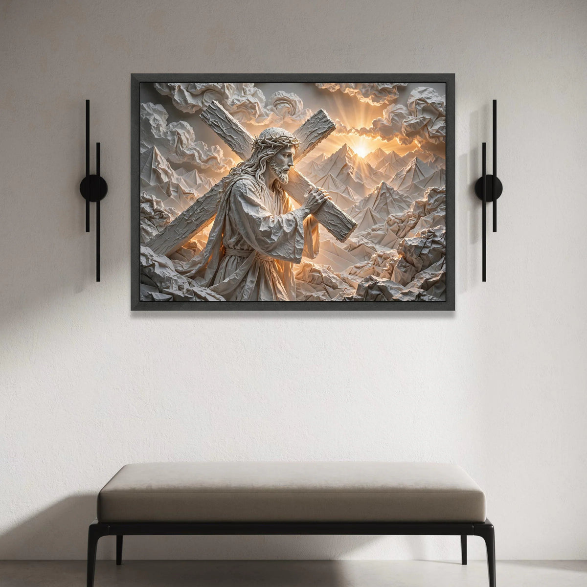 Jesus Carrying Cross Canvas Wall Art, Spiritual Christian Decor, Religious Inspirational Canvas, Sunrise Mountains Canvas Print Art