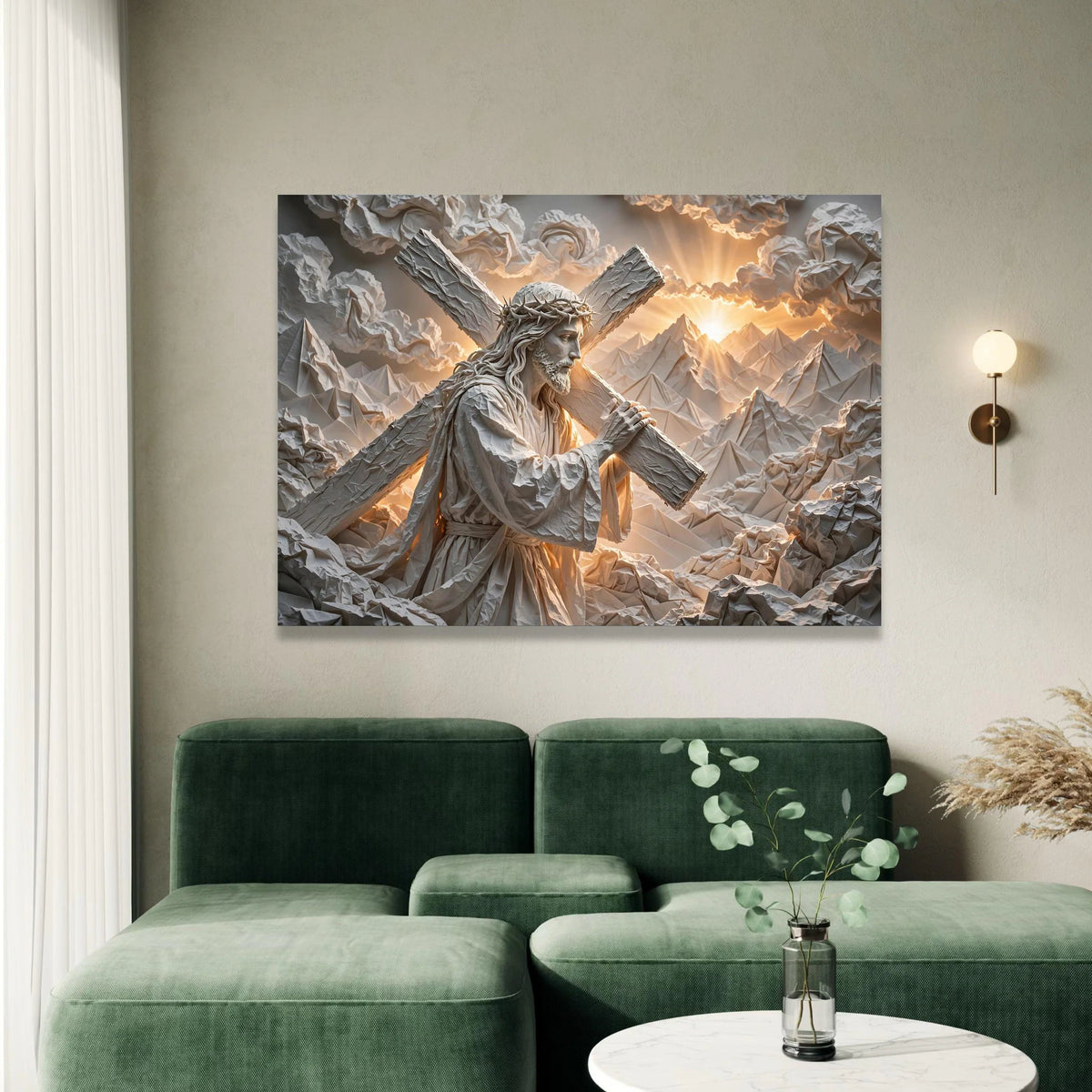 Jesus Carrying Cross Canvas Wall Art, Spiritual Christian Decor, Religious Inspirational Canvas, Sunrise Mountains Canvas Print Art
