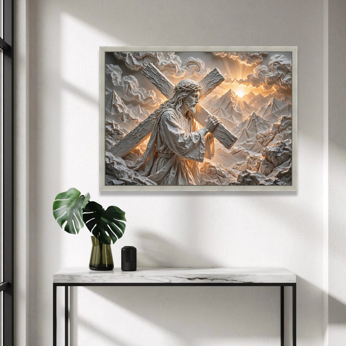 Jesus Carrying Cross Canvas Wall Art, Spiritual Christian Decor, Religious Inspirational Canvas, Sunrise Mountains Canvas Print Art