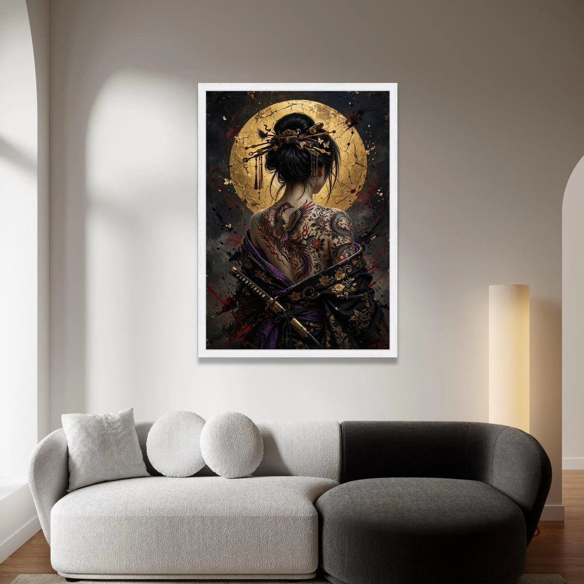 Asian Woman with Phoenix Tattoo, Samurai Sword Canvas, Geisha Back Art, Gold Circle Background, Japanese Ink Art Print, Canvas Print Art
