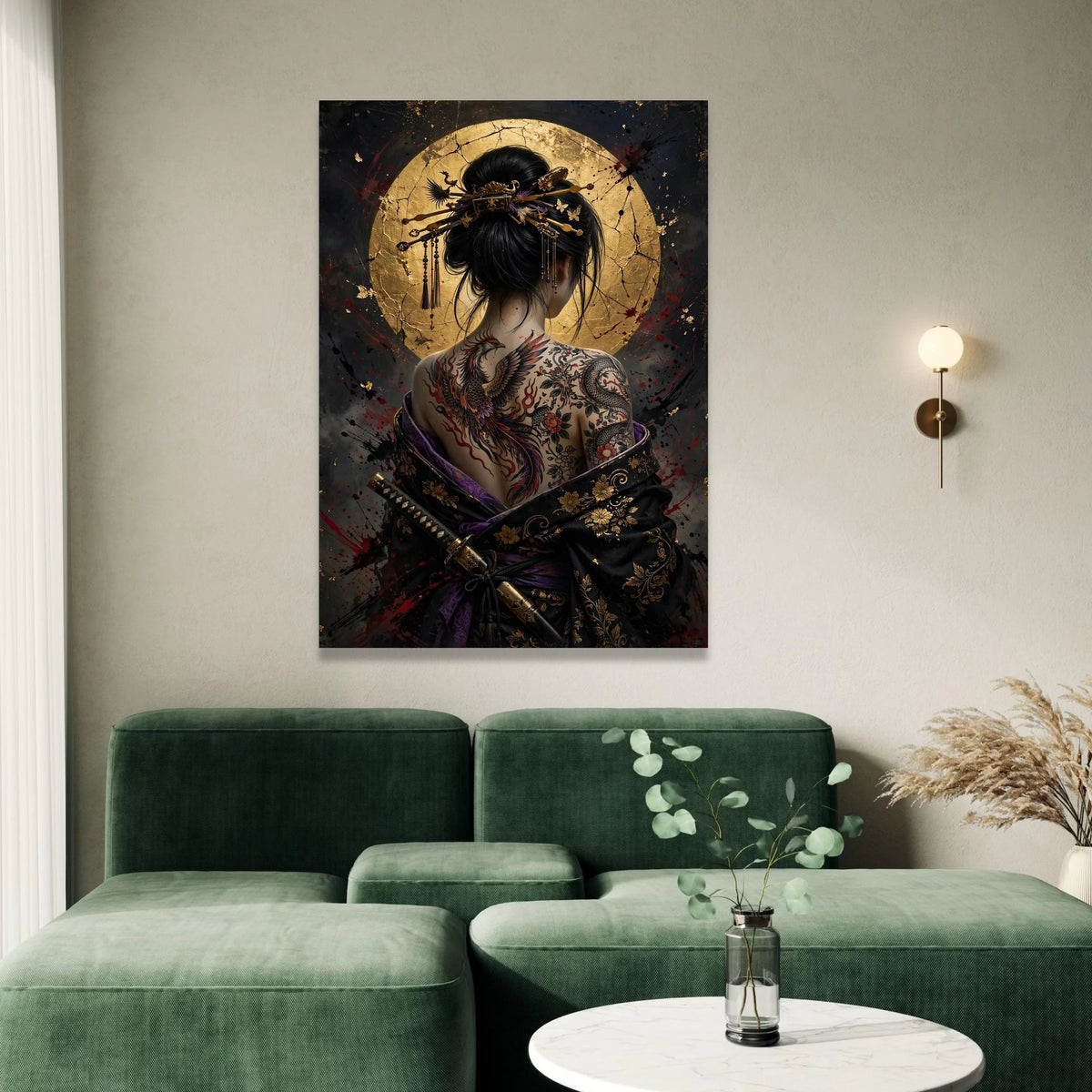 Asian Woman with Phoenix Tattoo, Samurai Sword Canvas, Geisha Back Art, Gold Circle Background, Japanese Ink Art Print, Canvas Print Art