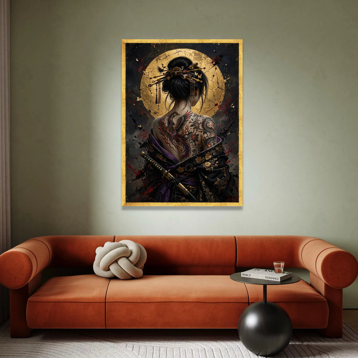 Asian Woman with Phoenix Tattoo, Samurai Sword Canvas, Geisha Back Art, Gold Circle Background, Japanese Ink Art Print, Canvas Print Art