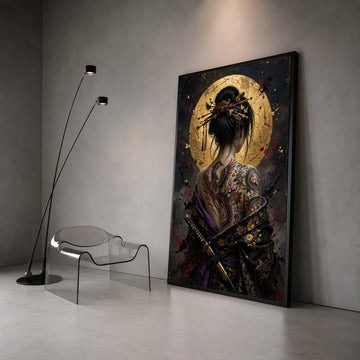 Asian Woman with Phoenix Tattoo, Samurai Sword Canvas, Geisha Back Art, Gold Circle Background, Japanese Ink Art Print, Canvas Print Art